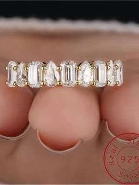 Stunning Lab White Sapphire Emerald and Pear Cut 18k Gold Vermeil Band Size 8